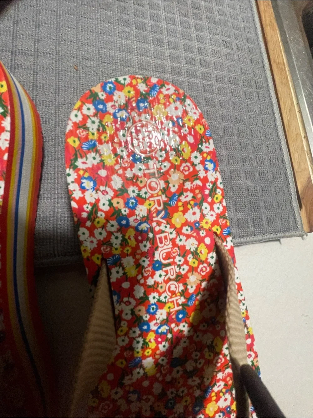 Tory Burch Red Floral Flip Flops with Tan Straps and Orange Accents